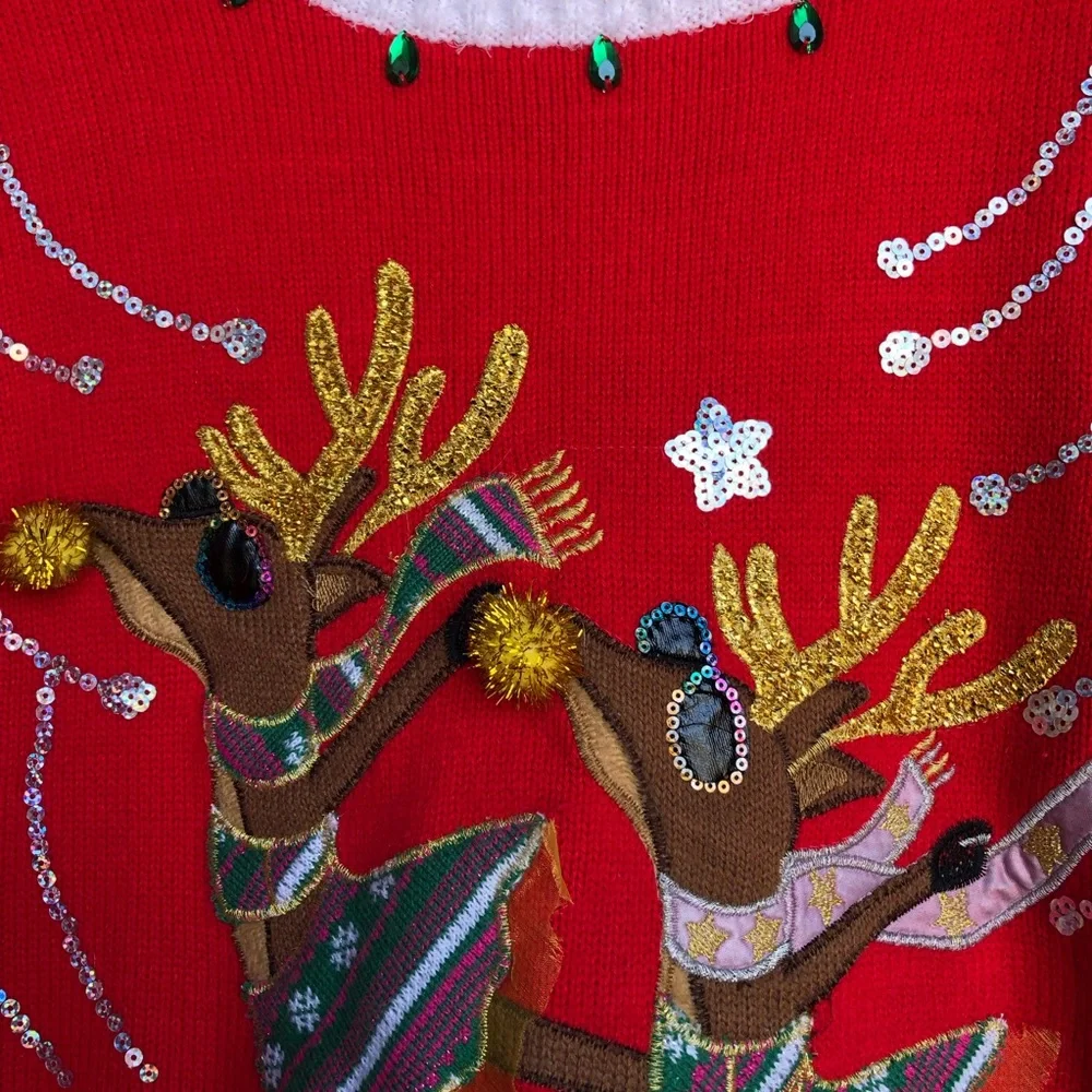 Holiday Time Ugly Sweater Ice Skating Red,Green, Reindeer Design Large 12-14 - Picture 9 of 12